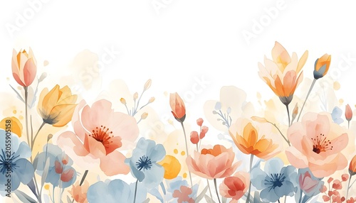 Abstract watercolor painting with delicate floral elements. Features soft petals in shades of pink, orange, and blue.