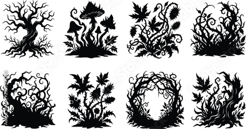 Konstfotografi Set of dark fantasy nature silhouettes featuring gnarled trees mushroom patches