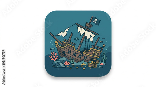 Vászonkép Cartoon Pirate Shipwreck Under The Sea With Jolly Roger Flag.