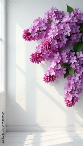 Lilac blossoms adorn minimalist interior wall, room, bright