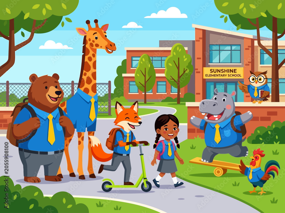 Fototapeta premium Cartoon Animal and Human Students at Sunshine Elementary School