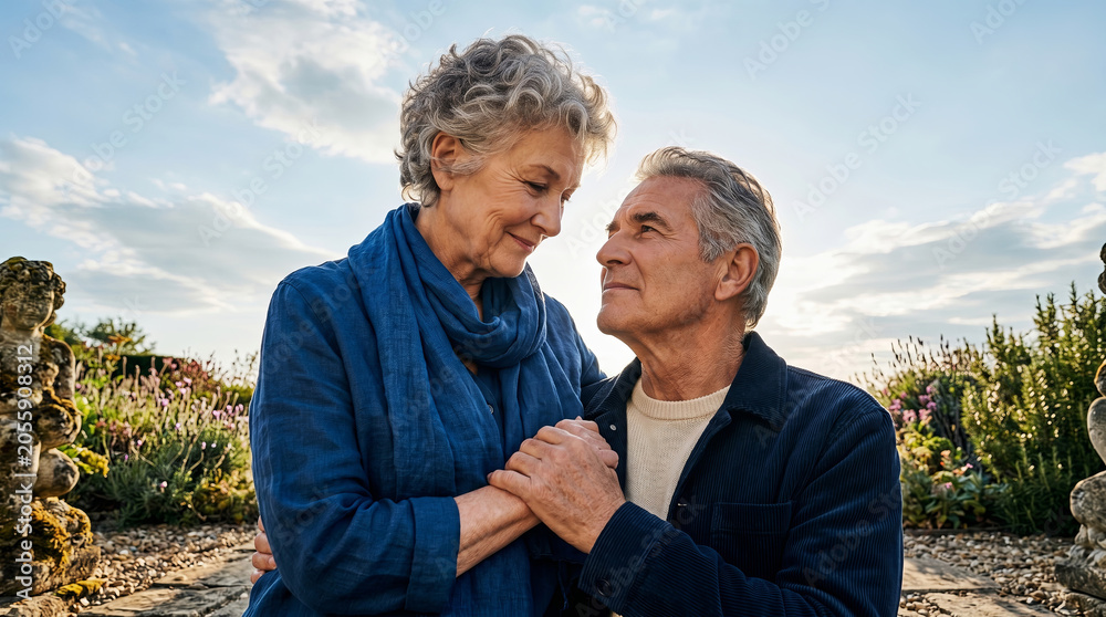 Fototapeta premium An elderly couple holds hands and gazes at each other tenderly in a bright outdoor garden under a clear sky.