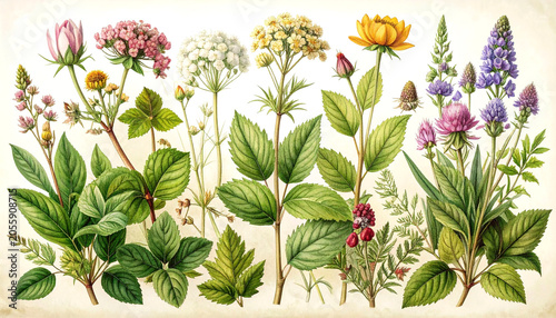 Antique floral illustration with curated plant specimens, delicate foliage, and vintage scientific style.
