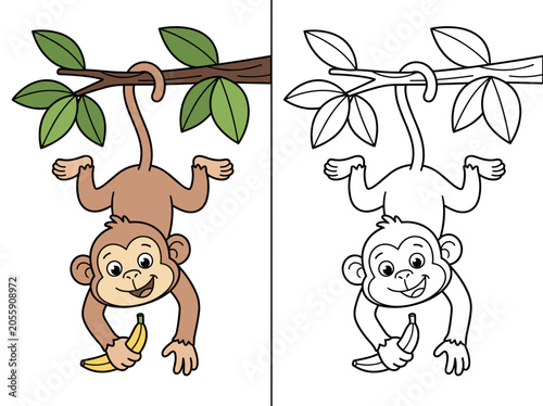 Canvas Print A playful monkey illustration hangs from a tree branch, holding a ripe banana in its hand