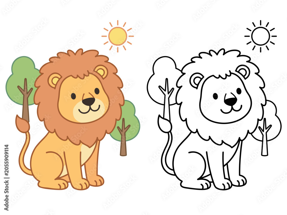 Fototapeta premium cute cartoon lion illustration sitting in a forest with sun and a coloring outline version