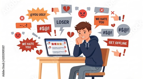 Frustrated Young Man Stressed by Online Cyberbullying Negative Comments and Toxic Comments on Laptop