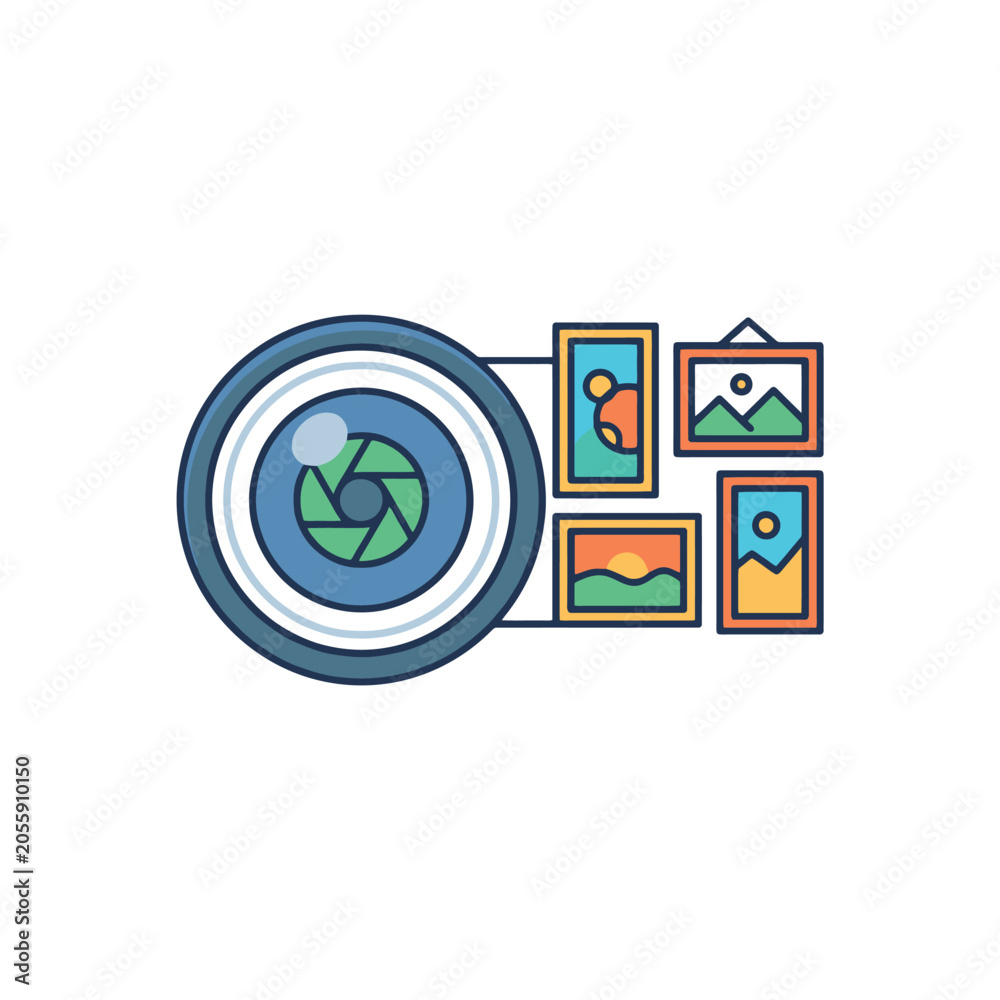 Obraz premium A camera lens icon surrounded by several small framed photographs