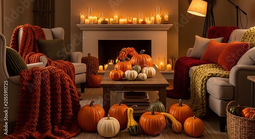 Cozy autumn family gathering around fireplace with pumpkins and candles