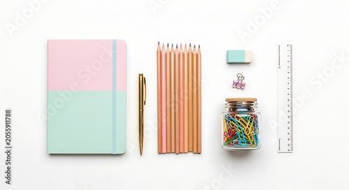 Flat lay of pastel stationery and school supplies on white background