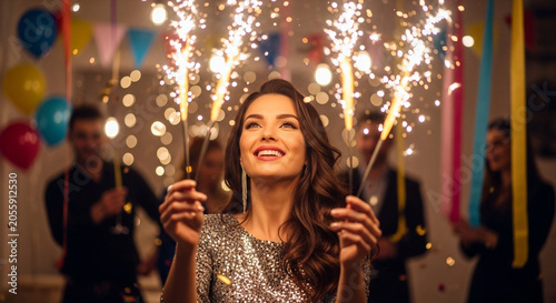 Woman Celebrating with Sparklers at a Festive Party