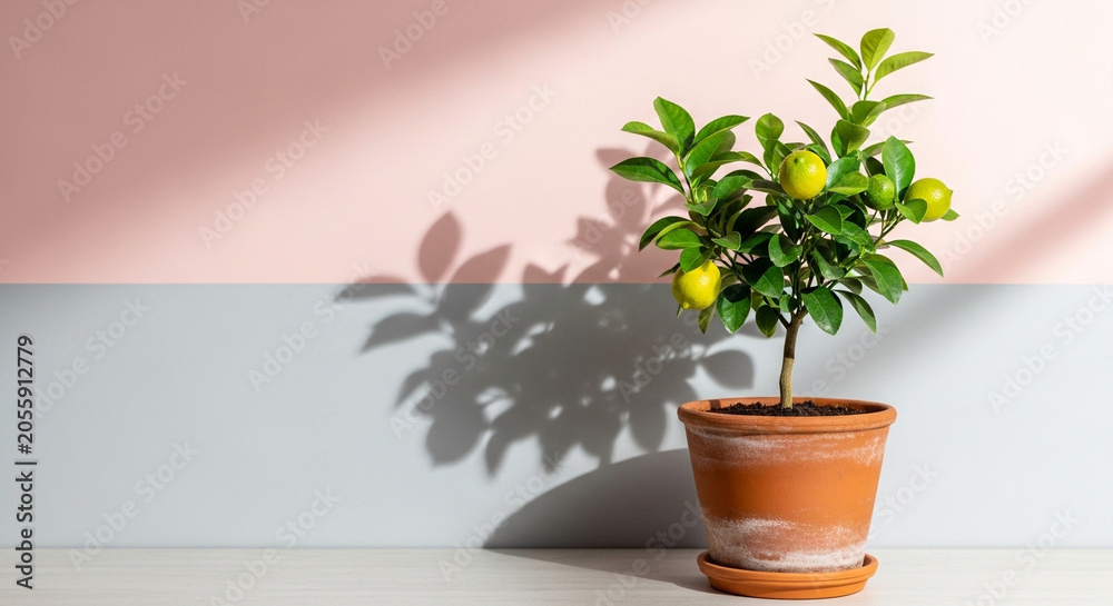 Fototapeta premium Small Lemon Tree with Fruit in Terracotta Pot on Table, Soft Light