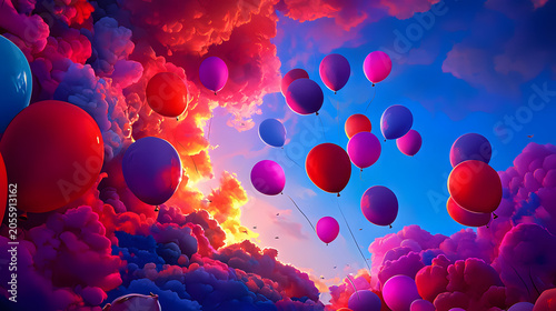 cute little animals with balloons wallpaper showcasing kawaii animal Surreal Flight of Multicolored Balloons Against Vibrant Sunset Skies and Dramatic Clouds, Dreamlike Escape Imagery