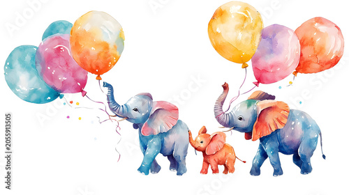 little animals with balloons wallpaper featuring adorable woodland friends floating through  Whimsical Watercolor Baby Elephants Holding Colorful Balloons in Playful Artistic Illustration