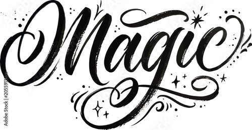 Obraz na plátně Elegant black brush lettering 'magic' with sparkle accents