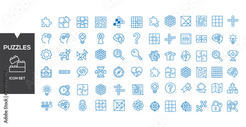 Foto Puzzle Icon Set: A comprehensive collection of line icons representing various aspects of puzzles and problem-solving, including gears, lightbulbs, brains, and interlocking pieces