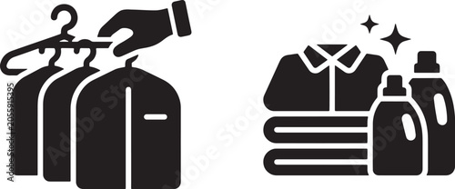 Fotografía Art & Illustration, Clean icon set illustrating coats hanging on a clothes rack next to a neat stack of shirts