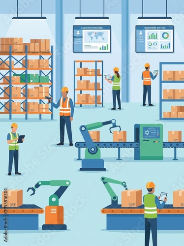 Warehouse Workers Managing Inventory with Digital Tablets and Robotic Assistance