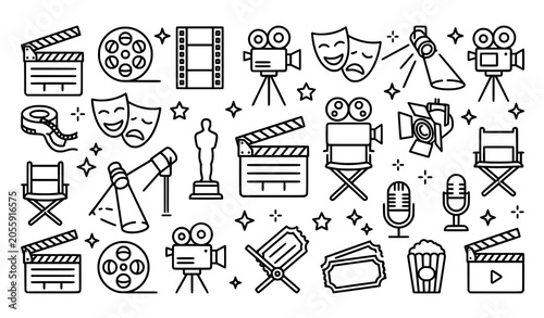 Creative actor outline vector icon set with minimalist cinema and award symbols