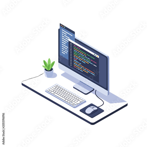 A modern computer workstation with code displayed on the screen