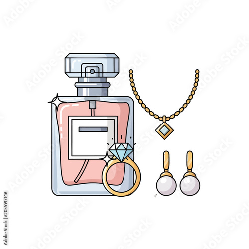 A collection of luxury perfume and elegant jewelry items on a white background