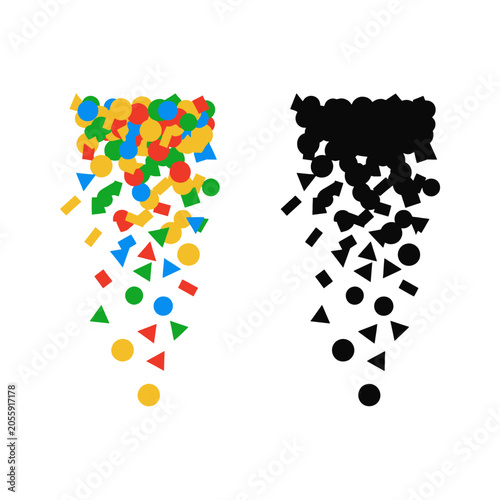 Colorful and black geometric shapes falling down in a vertical pattern