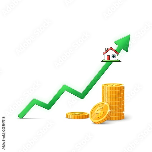 Rising house price graph with gold coins
