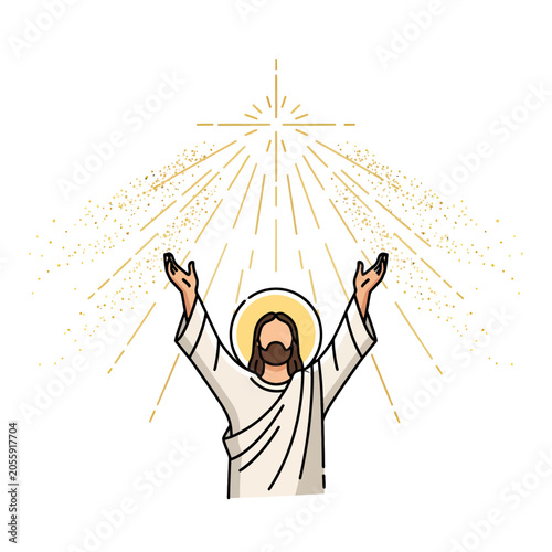 A stylized illustration of a person with arms raised toward a bright light source