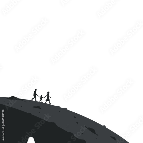 A family silhouette walks together on a dark hill against a bright white sky