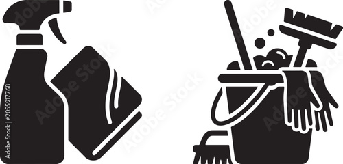Tableau sur toile Art & Illustration, Professional sanitization icons showing a plastic trigger spray bottle next to a janitorial mop and bucket
