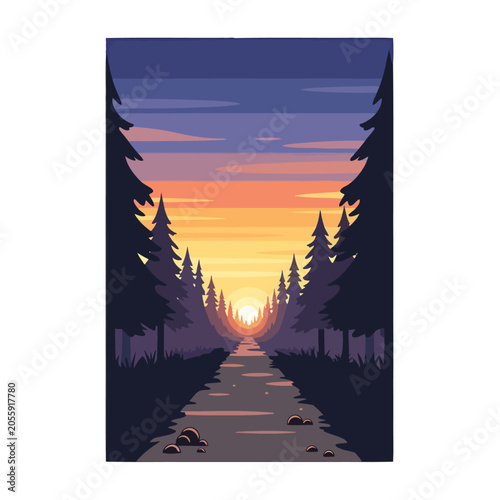 A serene path leads through a dark forest during a vibrant sunset