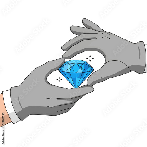 A pair of gloved hands carefully holding a bright blue gemstone
