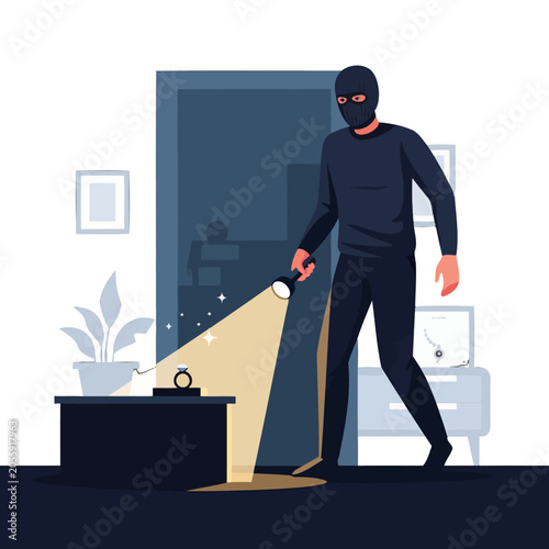 Cuadro en lienzo A masked intruder uses a flashlight to search for valuables in a dark room