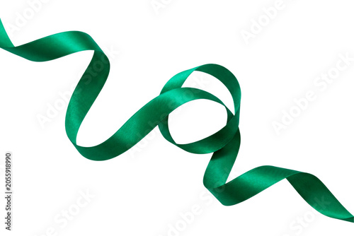 Green Satin Ribbon Loop And Curves Isolated on White Background