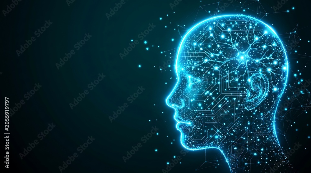 Obraz premium Abstract glowing blue human head with circuits and neural network