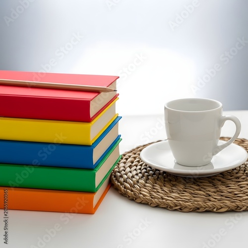 Colorful books with coffee and cozy basket