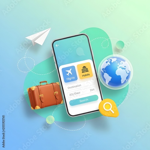 Travel app on smartphone with suitcase and globe