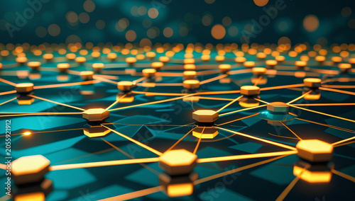 Golden Network Connection Nodes on Teal Background, Blockchain Technology and Digital Communication Concept