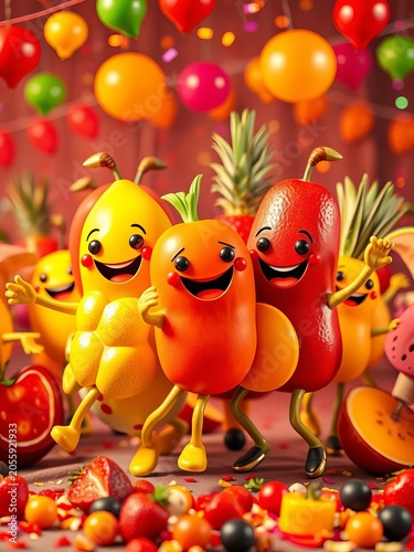 Brightly colored fruit characters dancing together in a colorful celebration, fruit, playful
