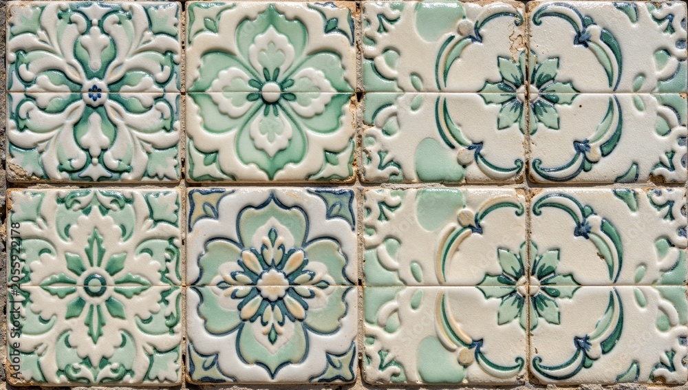 Fototapeta premium Intricate floral ceramic tile pattern with blue and white Islamic art motifs for Eid al-Adha celebration