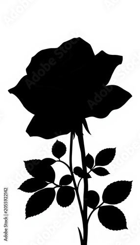 Elegant black silhouette rose flower vector art illustration with stem and leaves for design projects vector, stylized, leaves