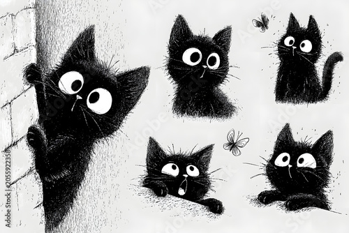 黒猫の好奇心いっぱいの表情。手描き風モノクロイラストセットコレクション