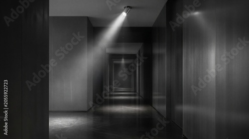 Abstract dark corridor with dramatic lighting and long shadows in minimalist interior