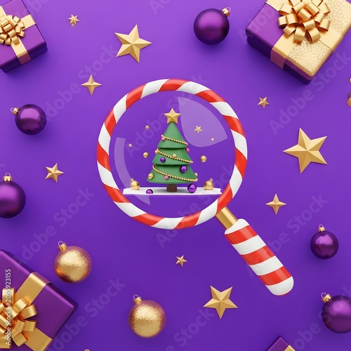 Christmas tree inside a magnifying glass with holiday ornaments