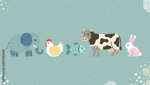 Row of cute animals including elephant, chicken, fish, cow, and rabbit with unique fingerprint patterns on their bodies.