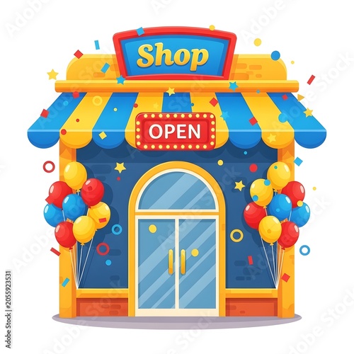 Colorful shop front with open sign and balloons