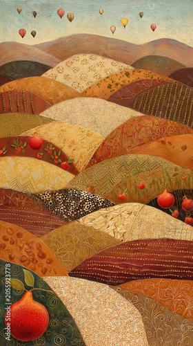 A patchwork landscape of hills with autumnal colors and patterned textures.