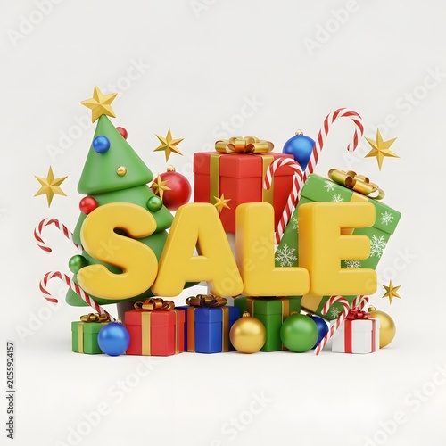 Happy holiday sale with gifts and christmas tree