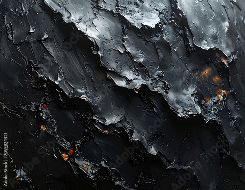 A dark, abstract rocky surface with orange and gray accents
