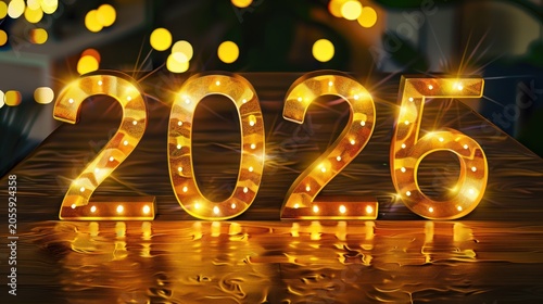 Golden Illuminated New Year Candles Displaying 2025 on Reflective Surface in Festive Celebration