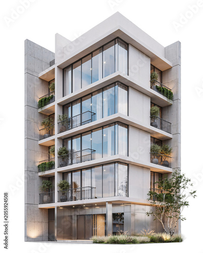 Modern apartment building with glass balconies and isolated on transparent background